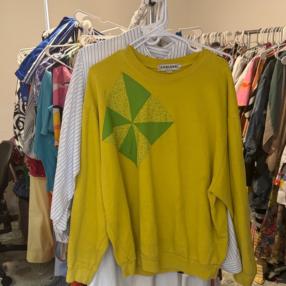 Women's Yellow Crewneck Sweater with Green Design